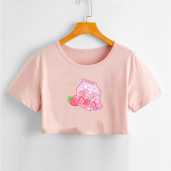 ROMWE Tops - Strawberry Milk Graphic Crop Tee